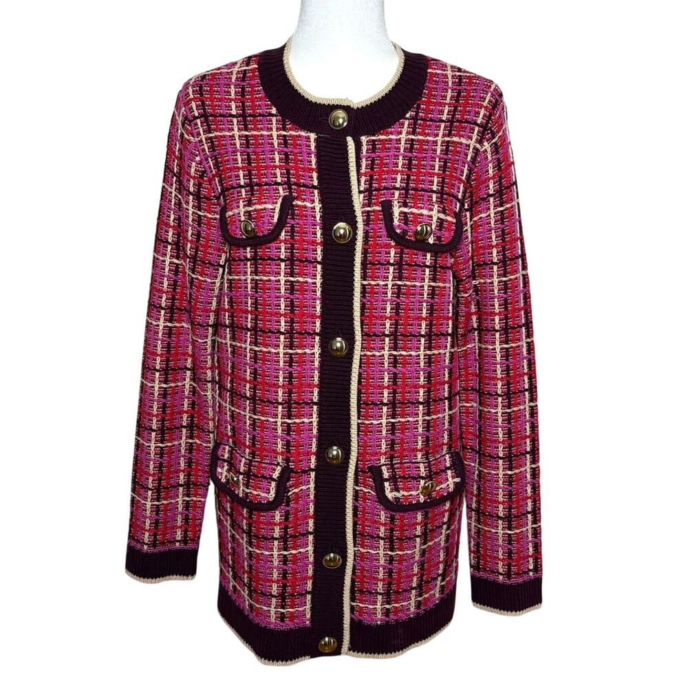 Ann Taylor Plaid Sweater Blazer Cardigan Women's L Pink Eggplant Classic